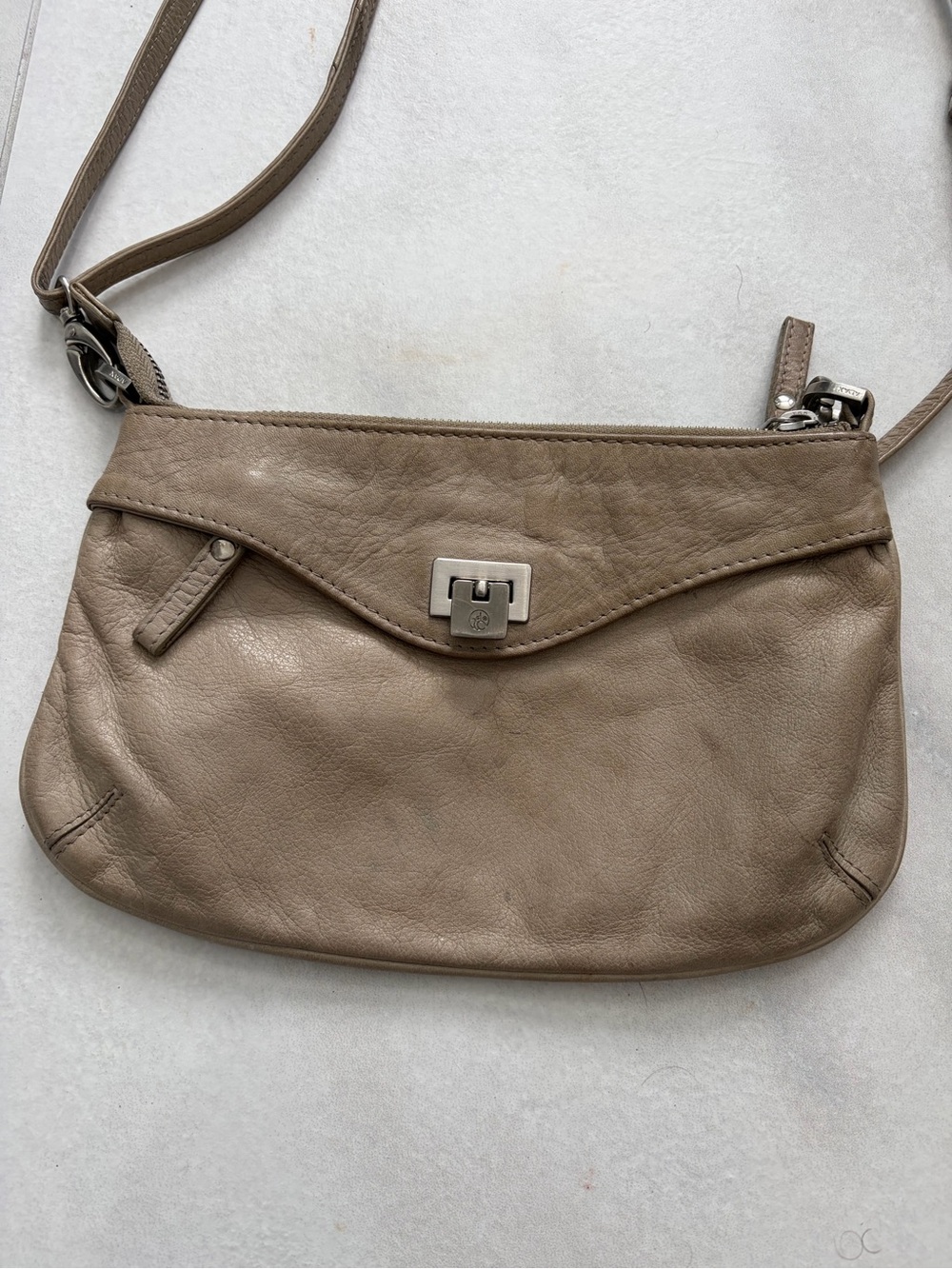 ADAX Taupe Leather Crossbody Bag with Turn-Lock Silver Closure, Front Pocket